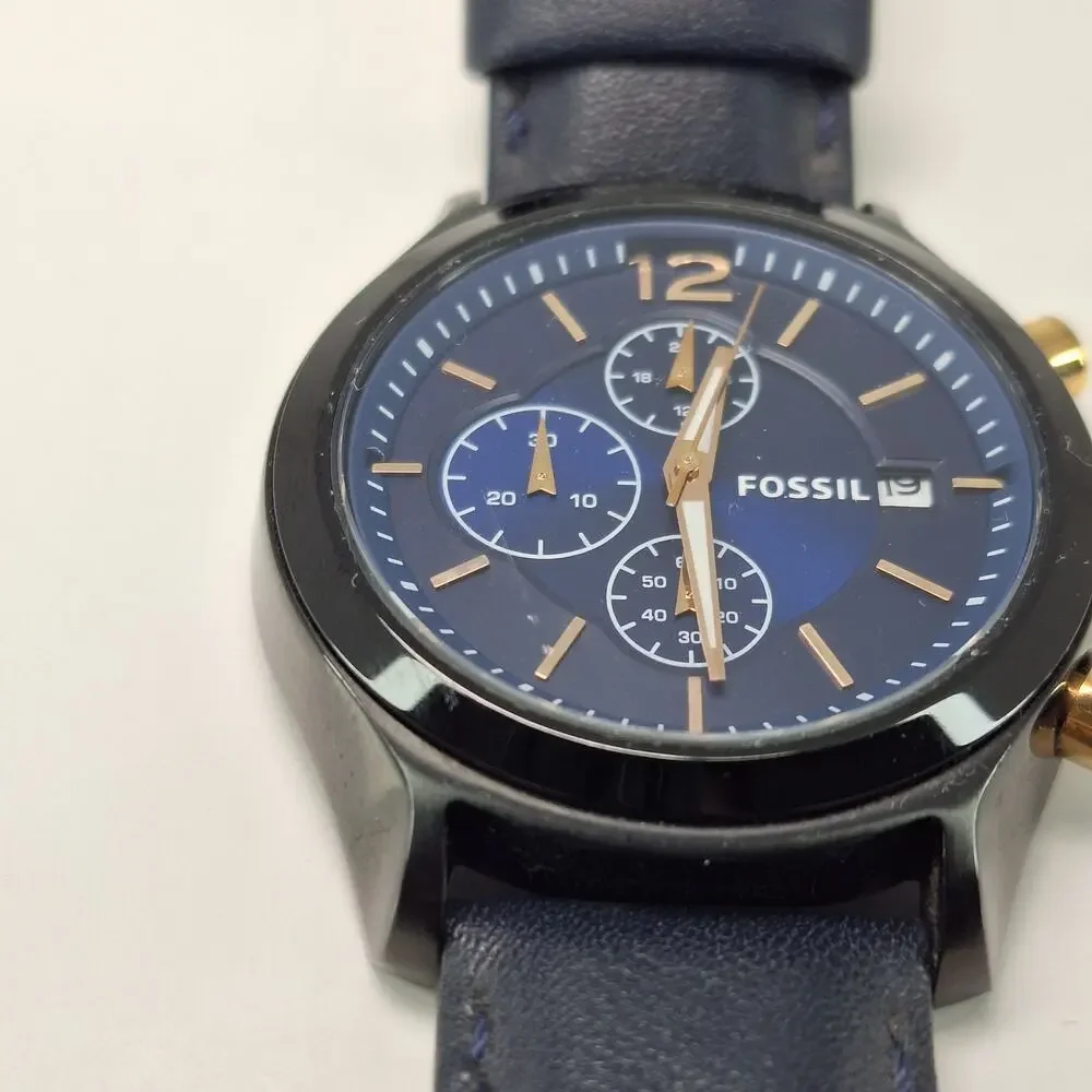 Fossil Blue Watch Men's Blue Dial Leather Chronograph BQ2036 - Needs New Battery
